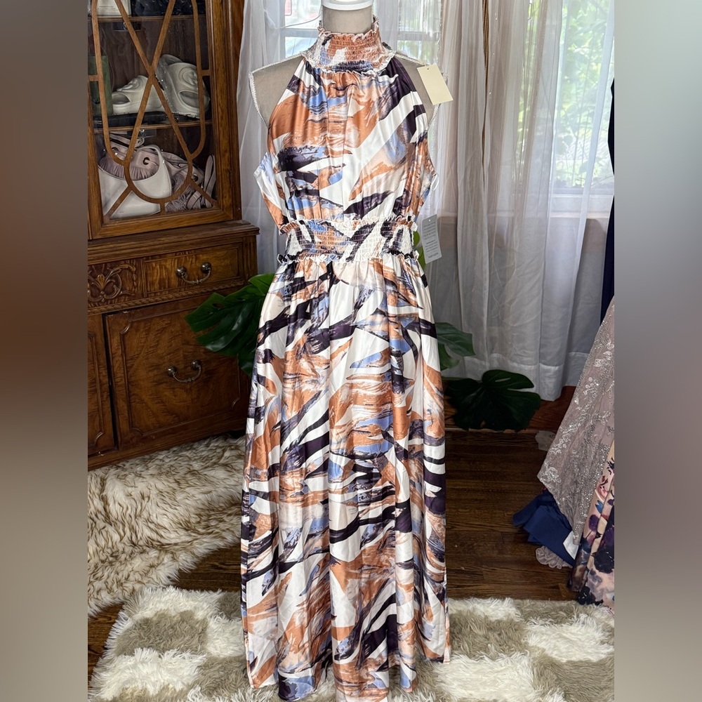 MELLODAY Printed Mock Neck Satin Maxi Dress